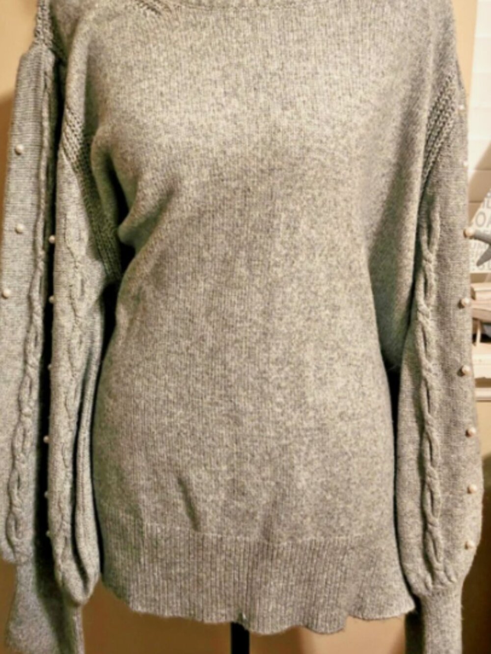 Liz Claiborne Gray Puff Sleeve Sweater 2X Pearls Twee Chic Preppy Academia NWT
